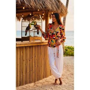 Farm Rio for Anthropologie‎ Toucan Tropical Wrap Top Long Sleeve S Resort